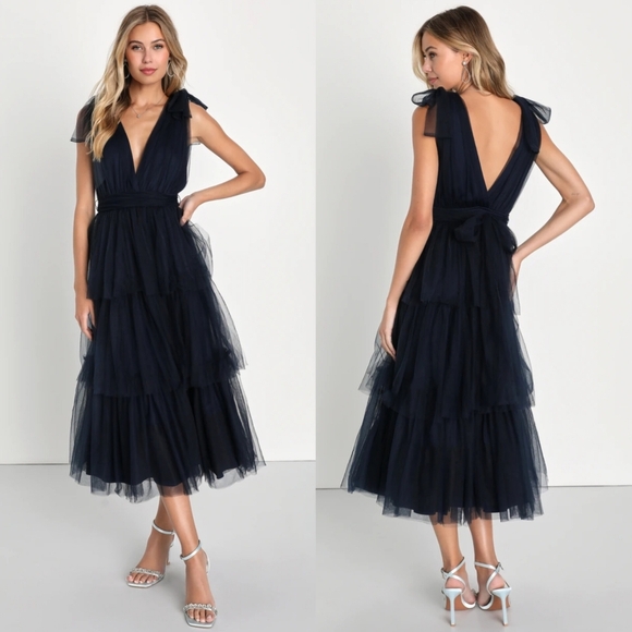 Lulus Flawless Arrival Navy Blue Tulle Tie-Strap Tiered Maxi Dress L Wedding - Picture 1 of 8